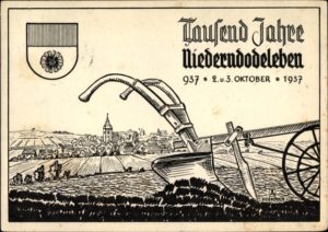 Postkarte Niederndodeleben Boerde in Sachsen Anhalt 1000jh Stadtfest 1937 Ackerpflug 1 300x212